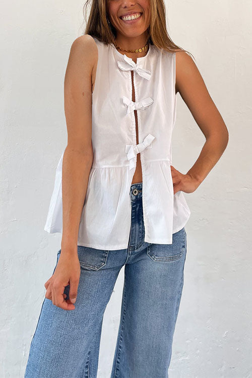 Mixiedress Crewneck Sleeveless Striped Ruffle Bow Top