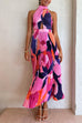 Mixiedress Halter Backless Cut Out Printed Maxi Pleated Dress