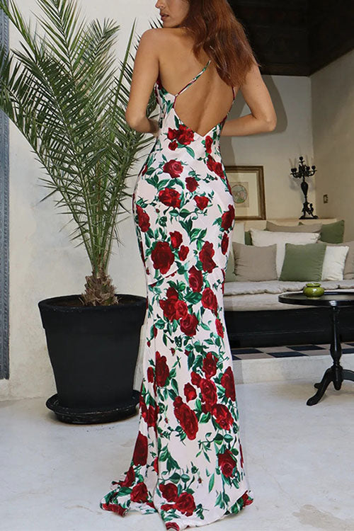 Mixiedress Spaghetti Strap Open Back Floral Print Maxi Dress
