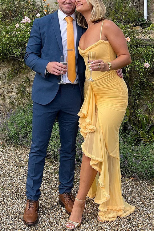 Mixiedress Spaghetti Strap Mesh Splice Draped Ruffle Maxi Dress