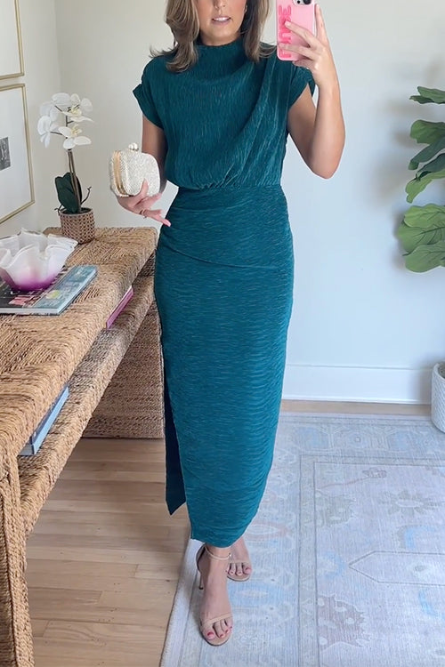 Mockneck Short Sleeves Waisted Side Slit Midi Dress