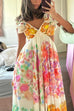 Mixiedress V Neck Open Back Ruffle Trim Color Block Floral Maxi Holiday Dress