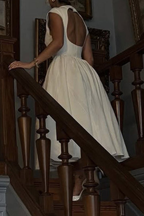 Mixiedress Cap Sleeves Open Back Waisted Swing Midi Dress