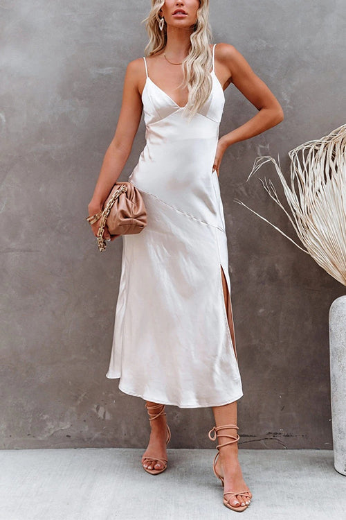 Mixiedress Adjustable Strap V Neck Slit Midi Dress