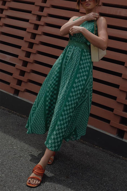 Sleeveless Cut Out Waist Geometric Print Midi Dress