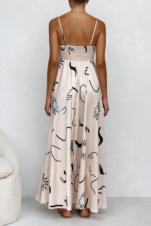 Mixiedress High Waist Graffiti Print Ruffle Swing Maxi Cami Dress
