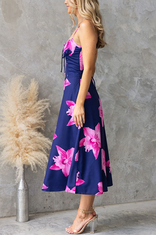 Adjustable Strap Back Lace-up Floral Print Midi Dress