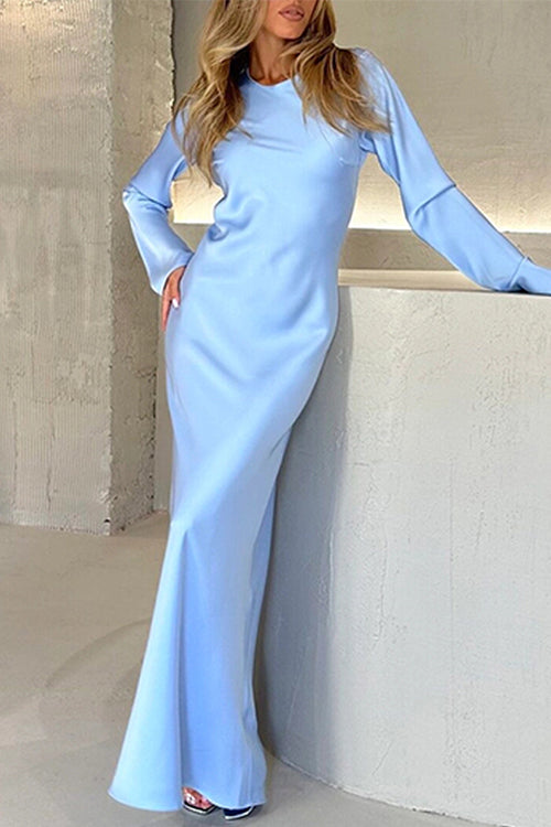 Mixiedress Round Neck Long Sleeves Satin Maxi Party Dress