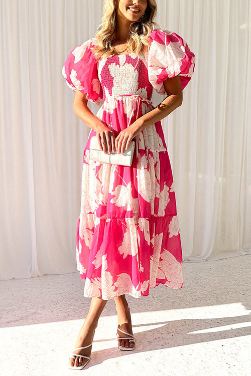 Mixiedress Off Shoulder Puff Sleeves Tiered Printed Midi Swing Dress