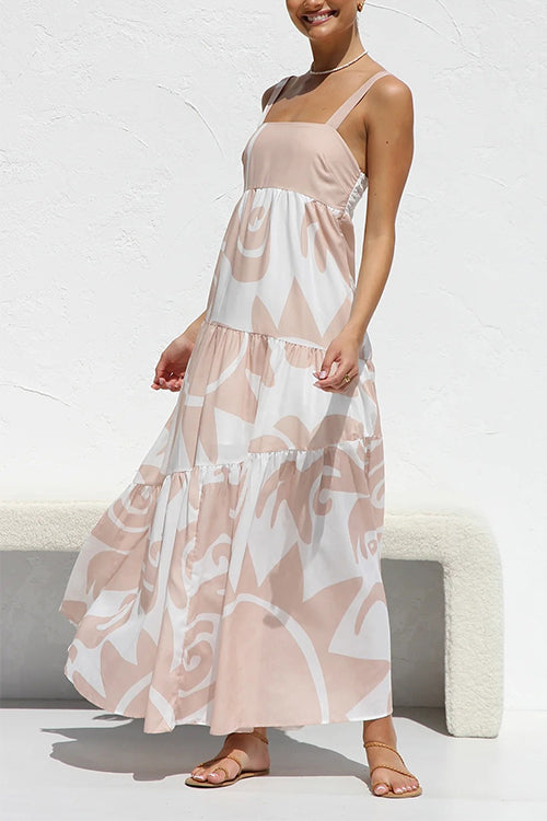 Mixiedress Adjustable Strap Waisted Soleil Print Ruffle Maxi Dress