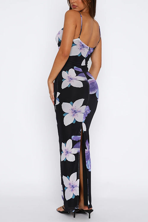 Mixiedress V Neck Spaghetti Strap Back Slit Floral Maxi Dress