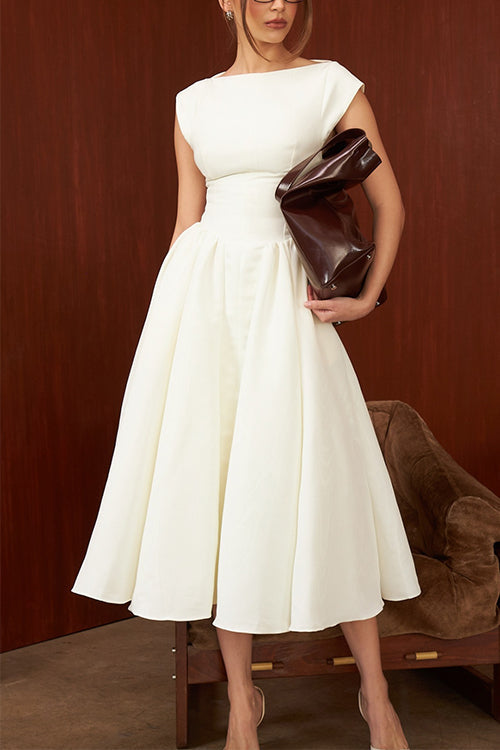 Mixiedress Cap Sleeves Open Back Waisted Swing Midi Dress