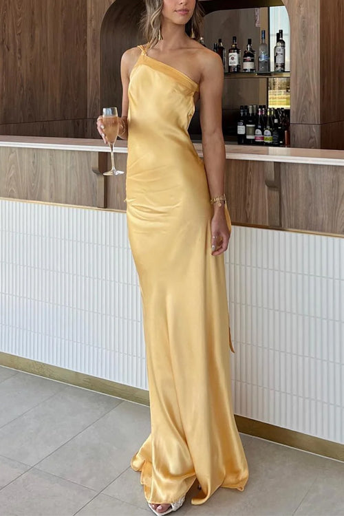 Mixiedress One Shoulder Open Back Tie Knot Satin Maxi Dress