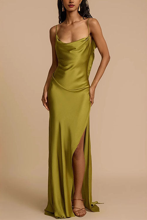 Mixiedress High Slit Back Drape Cascading Satin Maxi Cami Dress