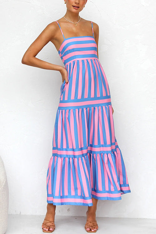 Mixiedress Spaghetti Strap Tiered Color Block Striped Maxi Dress