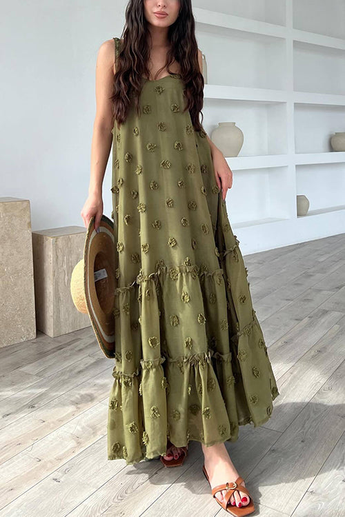 Mixiedress Floral Appliques Ruffle Trirm Swimg Maxi Cami Dress