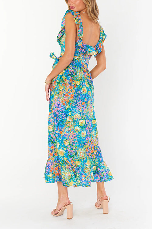 Sleeveless Ruffle Trim Bow Waist Floral Print Midi Vacation Dress