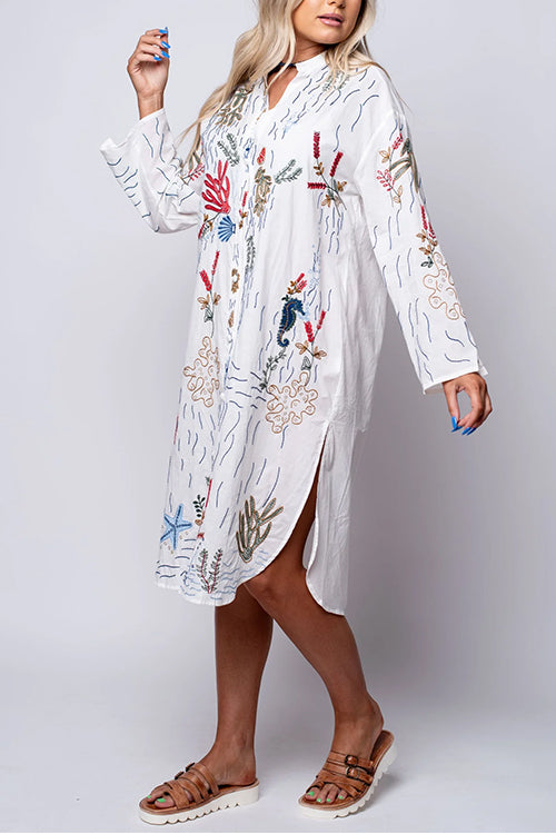 Mixiedress V Neck Long Sleeves Side Split Embroidery Shirt Dress