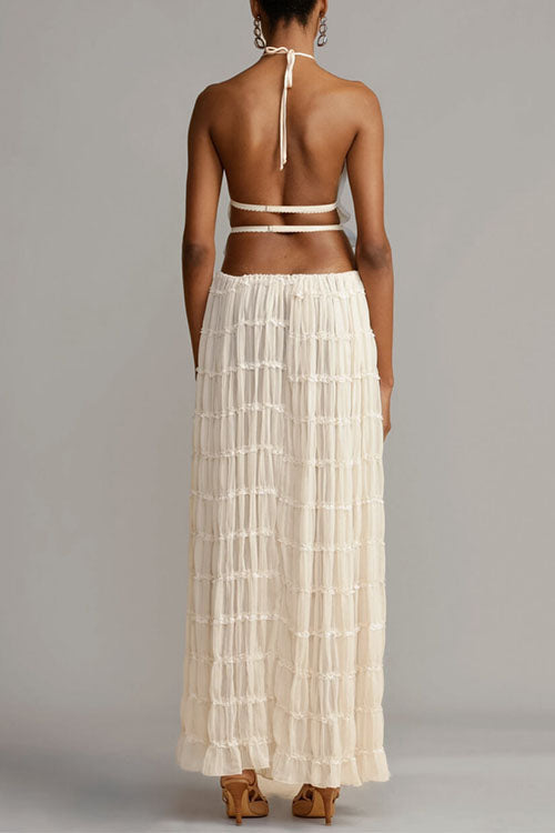 Mixiedress Frilled Halter Open Back Crop Top and Pleated Maxi Skirt Set