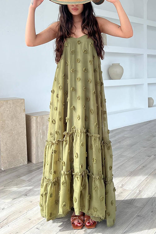 Mixiedress Floral Appliques Ruffle Trirm Swimg Maxi Cami Dress