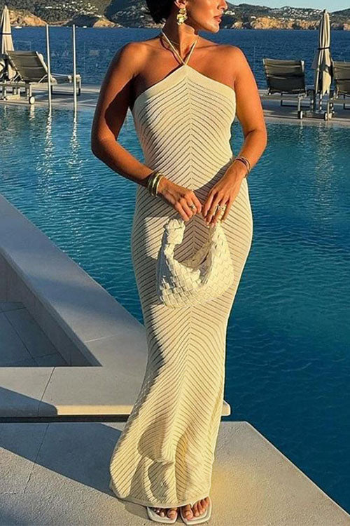 Mixiedress Halter Open Back Hollow Out Knit Bodycon Maxi Dress