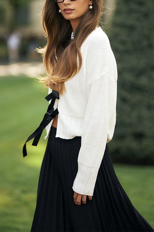 Mixiedress V Neck Bow Tie Front Elegant Sweater