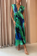 Mixiedress V Neck Waisted Back Cut Out Printed Maxi Pleated Dress
