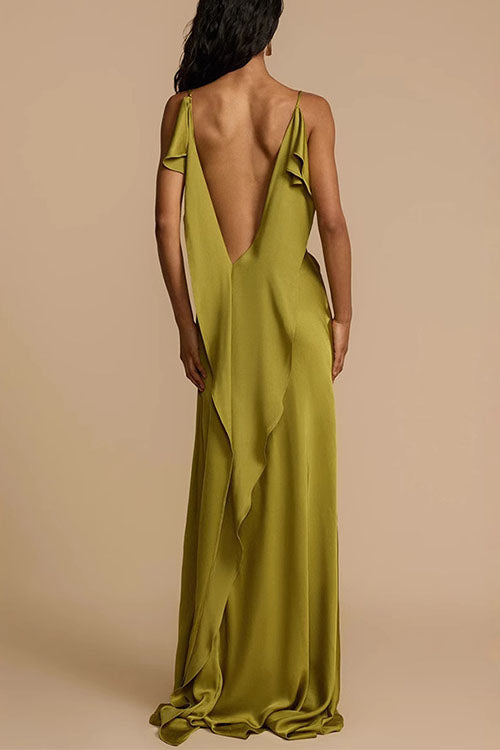 Mixiedress High Slit Back Drape Cascading Satin Maxi Cami Dress