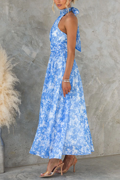Bow Neck Halter Backless Floral Print Maxi Dress