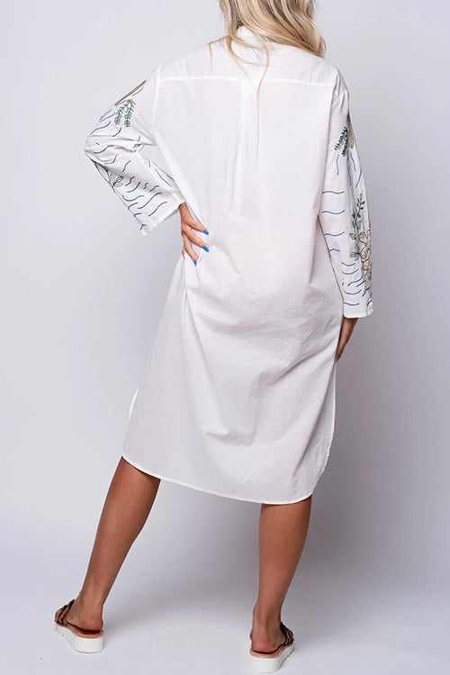 Mixiedress V Neck Long Sleeves Side Split Embroidery Shirt Dress