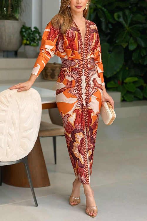 Mixiedress V Neck Long Sleeves Ruched Slit Printed Midi Dress