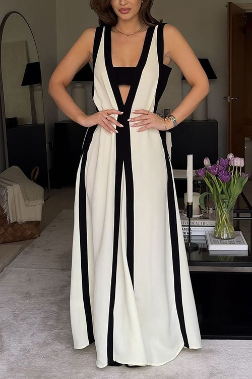 Mixiedress Deep V Neck Sleeveless Color Block Maxi Swing Dress