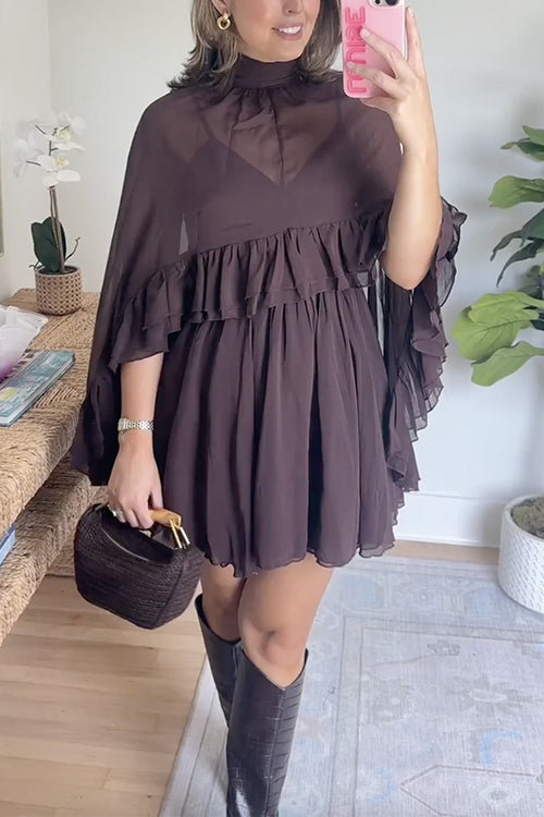High Neck Sheer Ruffle Trim Cape Mini Dress