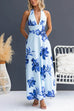 Halter V Neck Back Lace-up Waisted Floral Print Maxi Dress
