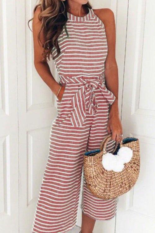 Mixiedress Casual Sleeveless Striped Bow-Knot Wide Leg Jumpsuit