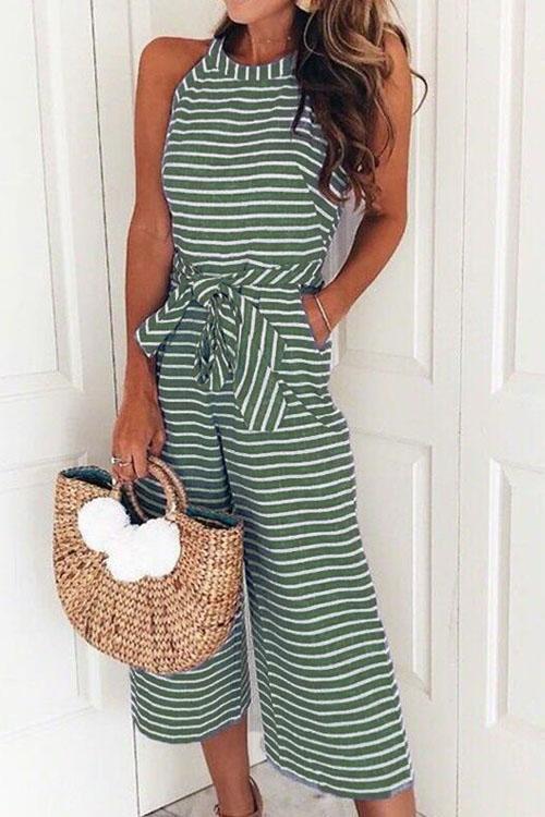 Mixiedress Casual Sleeveless Striped Bow-Knot Wide Leg Jumpsuit