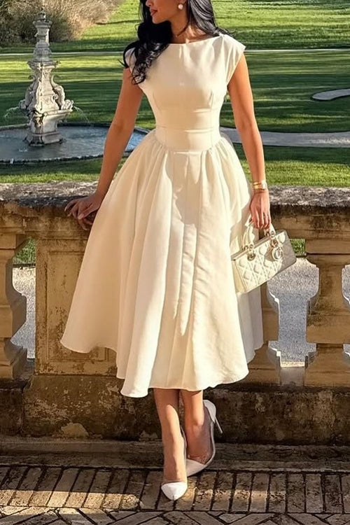 Mixiedress Cap Sleeves Open Back Waisted Swing Midi Dress