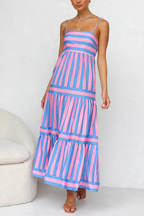 Mixiedress Spaghetti Strap Tiered Color Block Striped Maxi Dress