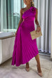 Mixiedress 3D Rose One Shoulder Cut Out Waist Asymmetric Hem Pleated Maxi Dress