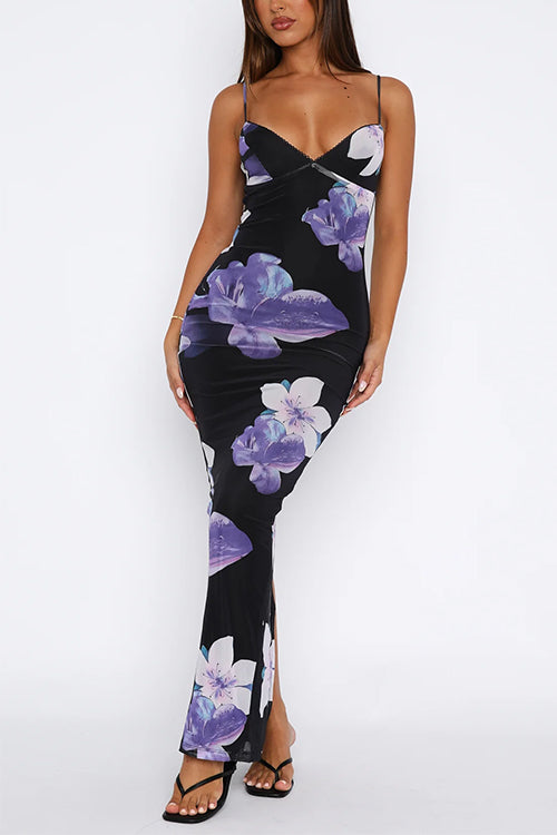 Mixiedress V Neck Spaghetti Strap Back Slit Floral Maxi Dress