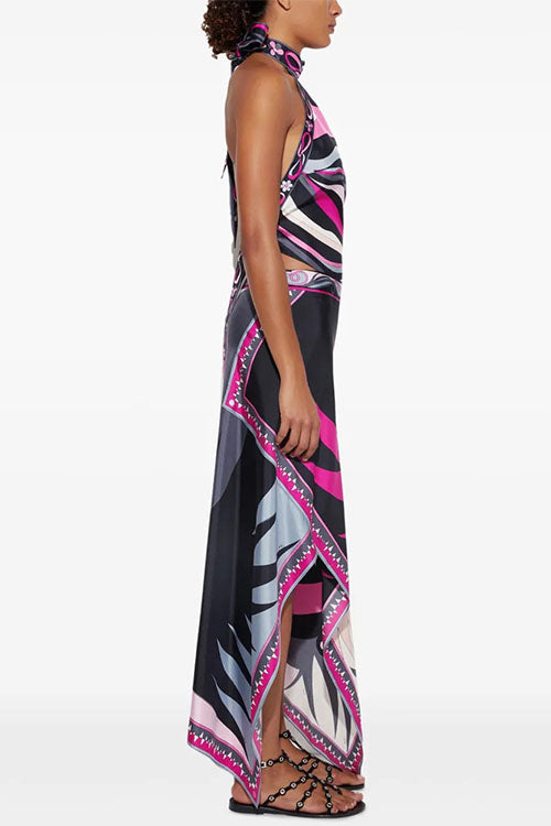 Mixiedress Printed Halter Tie Knot Backless Top and Irregular Hem Maxi Skirt Set
