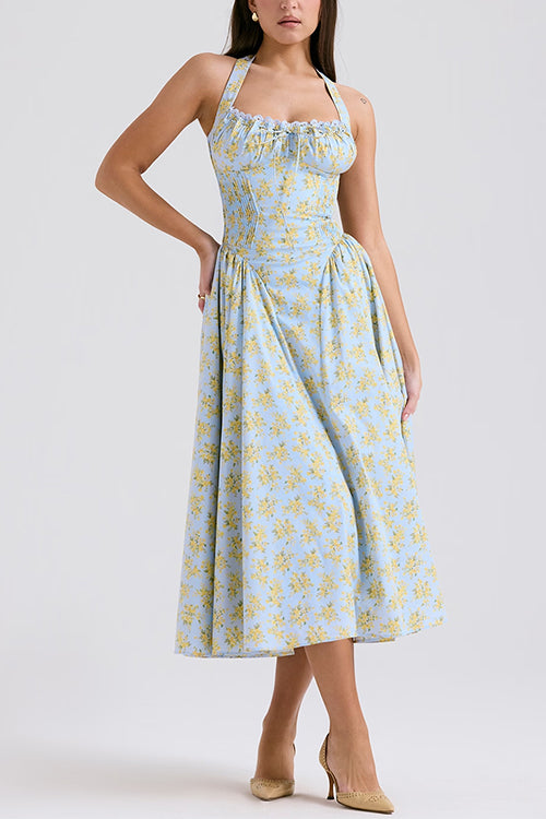 Mixiedress Tie Knot Halter Floral Print Swing Midi Sundress