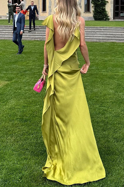 Mixiedress High Slit Back Drape Cascading Satin Maxi Cami Dress