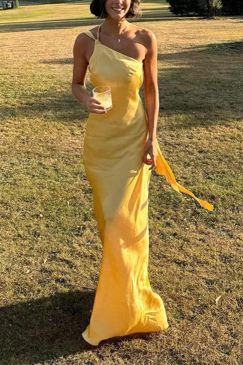 Mixiedress One Shoulder Open Back Tie Knot Satin Maxi Dress