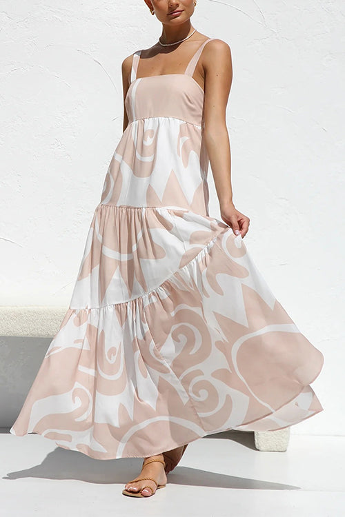 Mixiedress Adjustable Strap Waisted Soleil Print Ruffle Maxi Dress