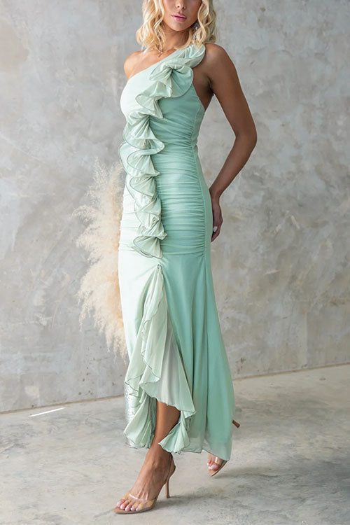 Mixiedress One Shoulder Slit Ruffle Mesh Maxi Dress