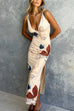 Mixiedress V Neck Sleeveless Open Back Side Slit Printed Maxi Dress
