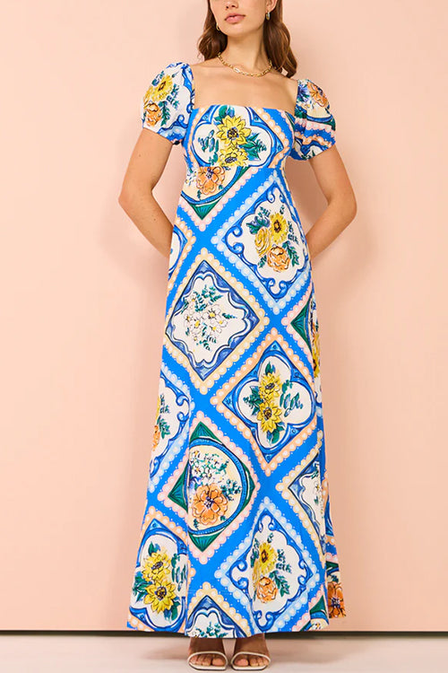Mixiedress Square Collar Puff Sleeves High Waist Floral Print Maxi Dress