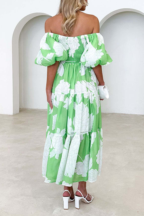 Mixiedress Off Shoulder Puff Sleeves Tiered Printed Midi Swing Dress