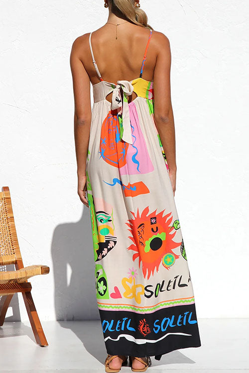 Mixiedress Tie Back Cut Out Graffiti Print Flowy Maxi Cami Dress